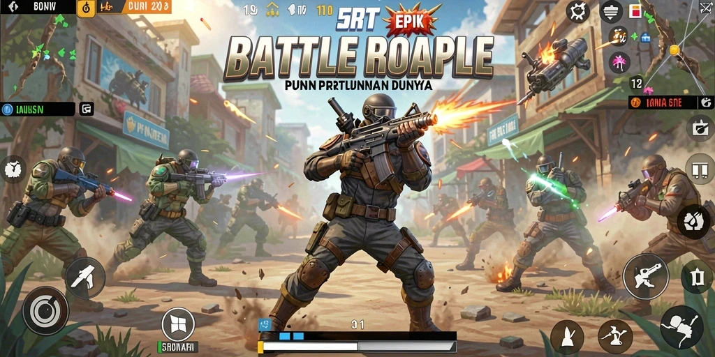 Screenshot gameplay 5RT menampilkan aksi pertempuran yang mendebarkan dalam Battle Royale.