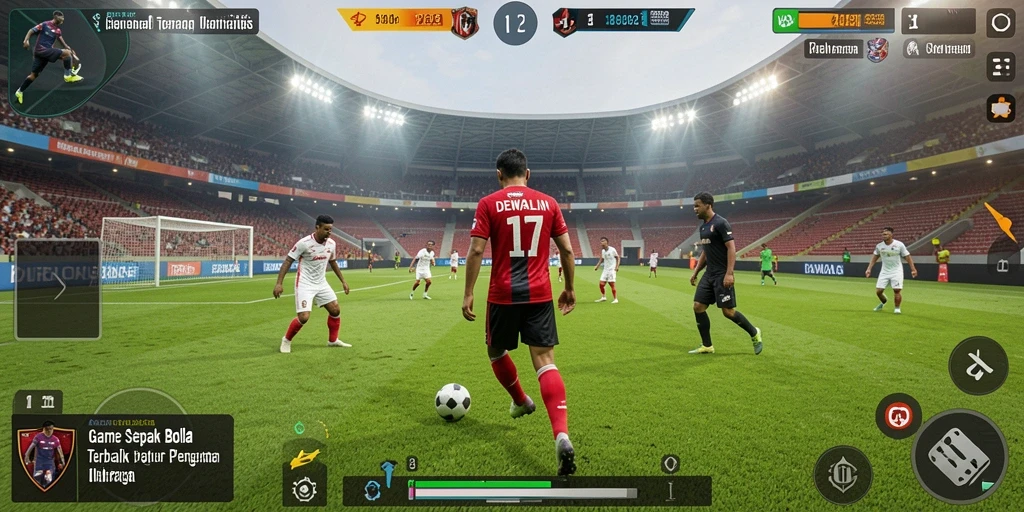 Screenshot gameplay DEWALIN yang penuh aksi di lapangan sepak bola.