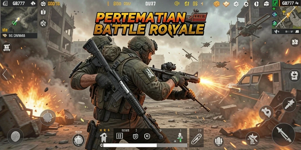 Screenshot utama GB777 menunjukkan aksi epik dalam pertempuran Battle Royale.