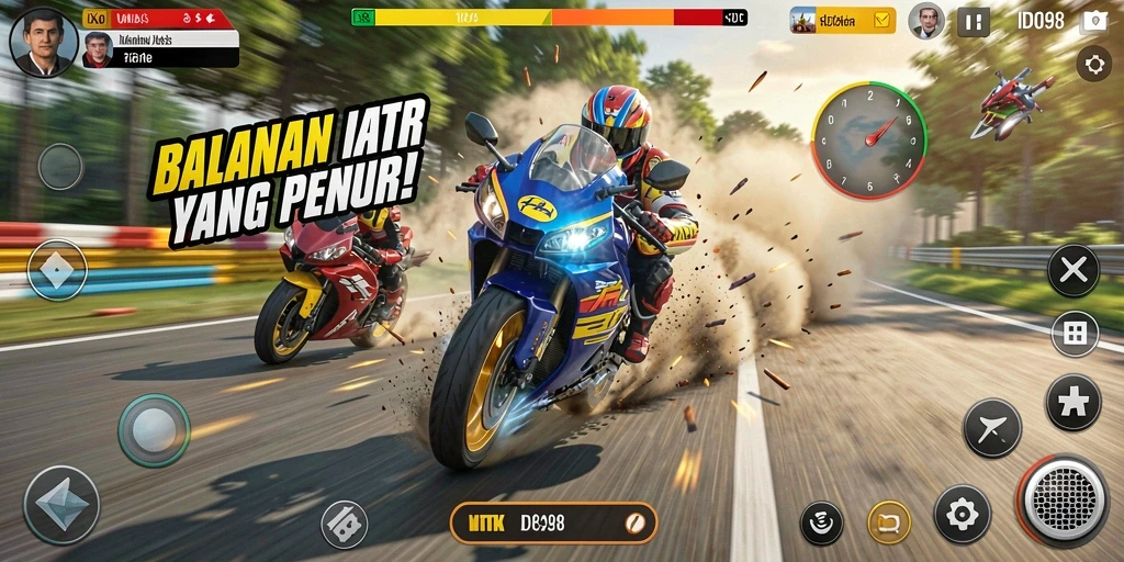 Screenshot utama ID098 menampilkan gameplay seru balapan motor.