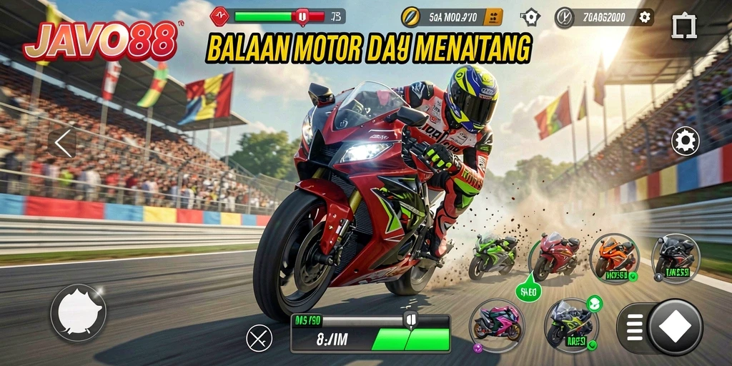 Tampilan gameplay balapan motor yang seru dan mendebarkan.