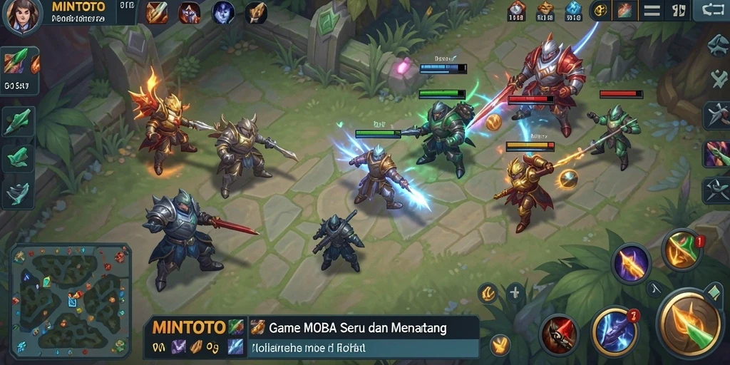 Screenshot MINTOTO menampilkan aksi pertempuran seru dalam game MOBA.