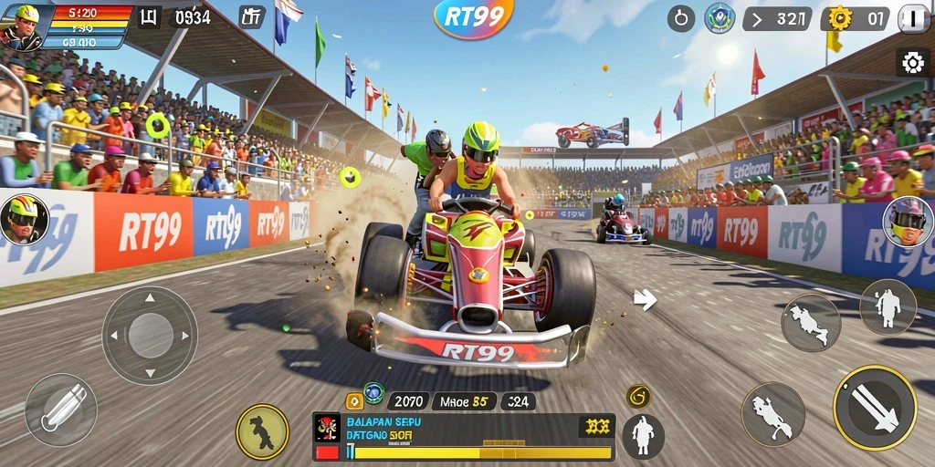 Screenshot dari gameplay RT99 yang menampilkan aksi balapan seru.