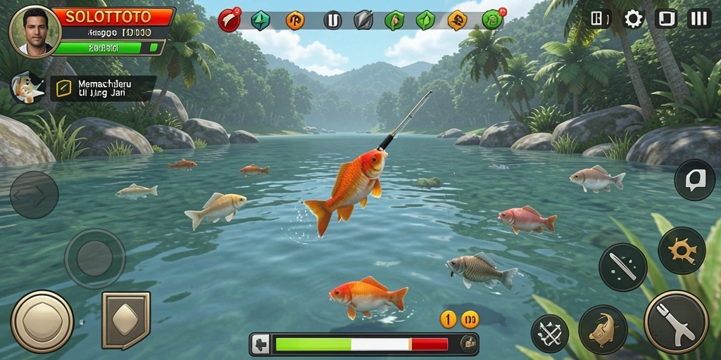 Tangkapan layar utama SOLOTOTO menunjukkan pemain menikmati pengalaman memancing yang menegangkan.