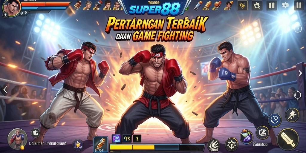 Tangkapan layar gameplay <strong>SUPER88</strong> menunjukkan pertarungan penuh aksi dan kecepatan.