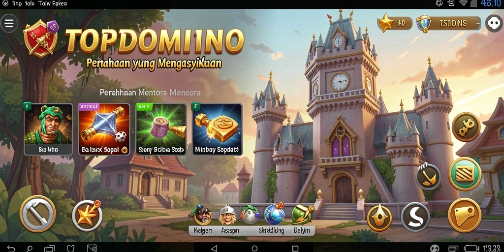 Tangkapan layar utama TOPDOMINO menampilkan suasana permainan Tower Defense yang intens.