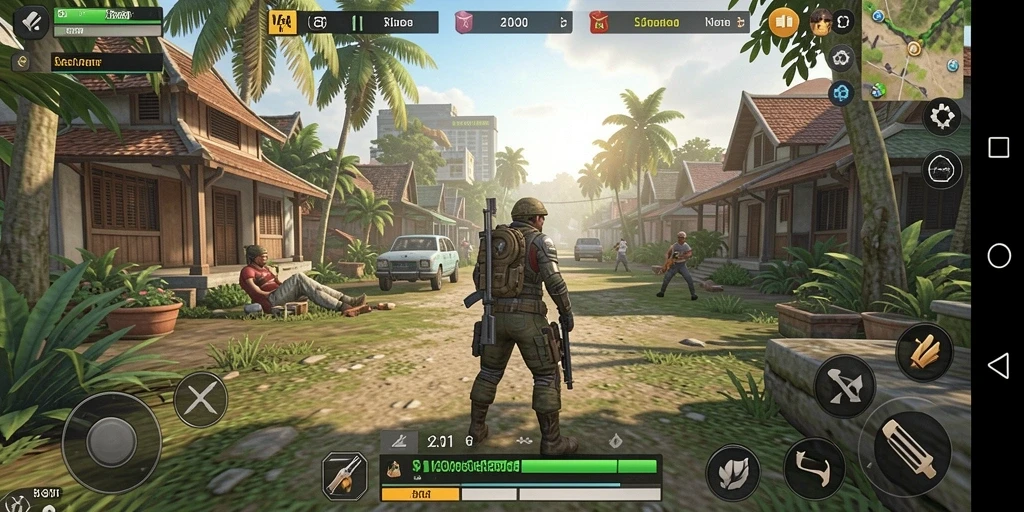 Tampilan gameplay V21 saat menjelajahi lingkungan simulasi yang kaya.